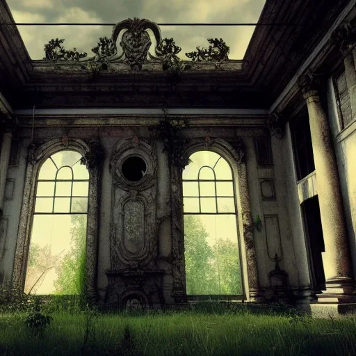 Abandoned baroque building, overgrown, statues falling, atmospheric, realistic, unreal engine, cinematic lighting, octane render.