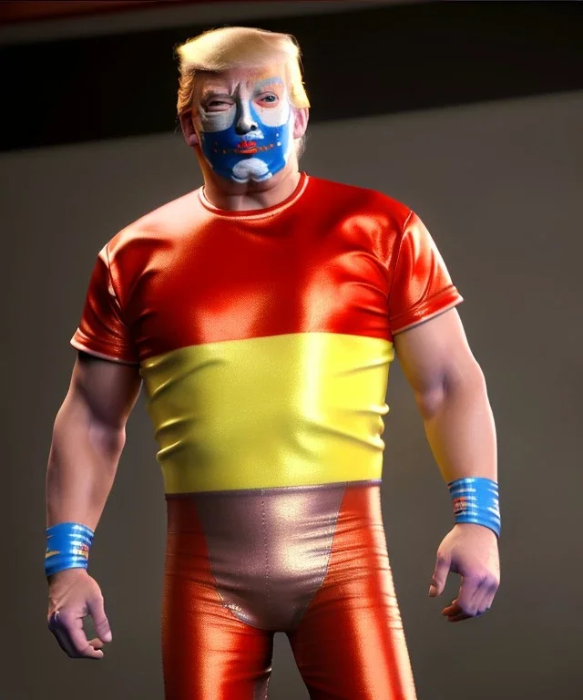 Realistic image of Donald trump wrestler, Mexican wrestling style, Mexican wrestling mask, eye line, red and blue breeches, glow us flag dress, suspenders, retro style, 80s, vibrant color, highly detailed, clean background, concept art, unreal engine 5, god rays, ray tracing, RTX, lumen lighting, ultra detail, volumetric lighting, 3d, finely drawn, high definition, high resolution.