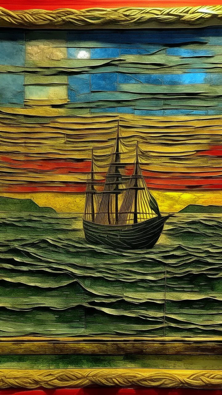 The ship fades out in the horizon, nostalgic goodbye, diorama in the style of jasper johns