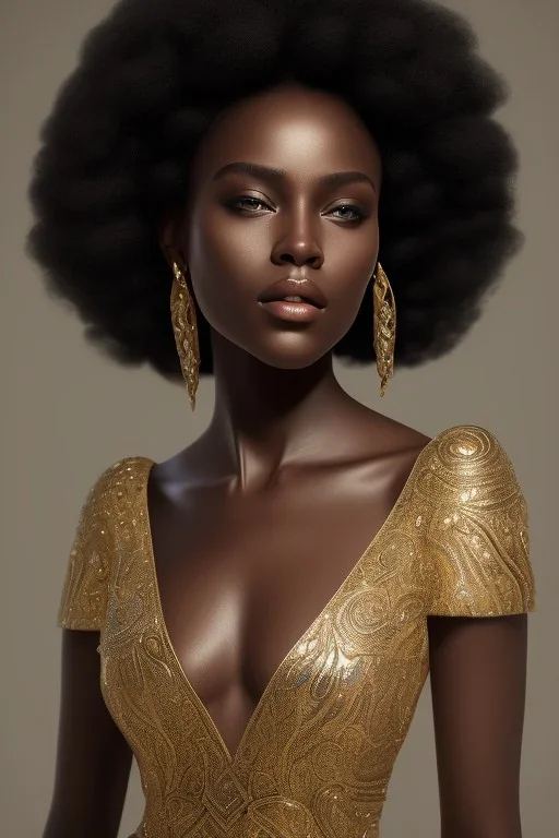 A portrait of a beautiful curvaceous black woman with long black hair, wearing a black dress with a deep v neck, wizard, magical, ethereal, intricate, sharp realistic lighting. Concept art by wlop. Ultra quality 8k.