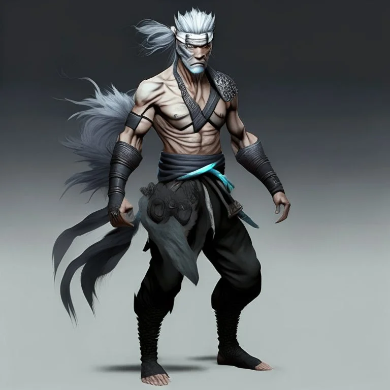 Full-body, Grey Hair Male ['Adult', 'Anti-Gravity Hair', 'Beastmaster', 'Exotic Eyes', 'Gloves', 'Headband', 'Masks', 'Ninja