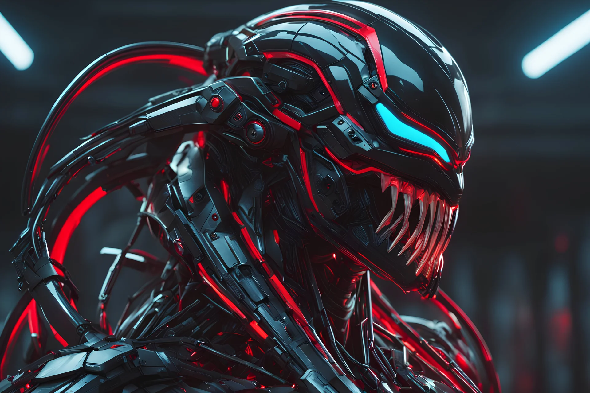 Cyber Machine in 4k realistic cg artstyle, venom them, neon red details, full body, apocalypse, intricate details, highly detailed, high details, detailed portrait, masterpiece,ultra detailed,best quality