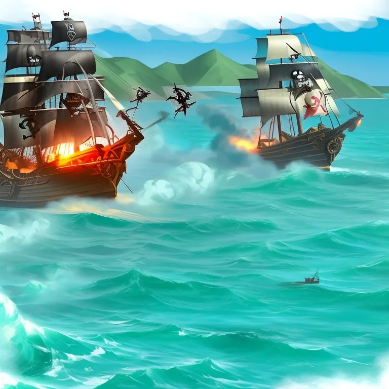 Two pirate ships fight each other at sea. Firing cannons.