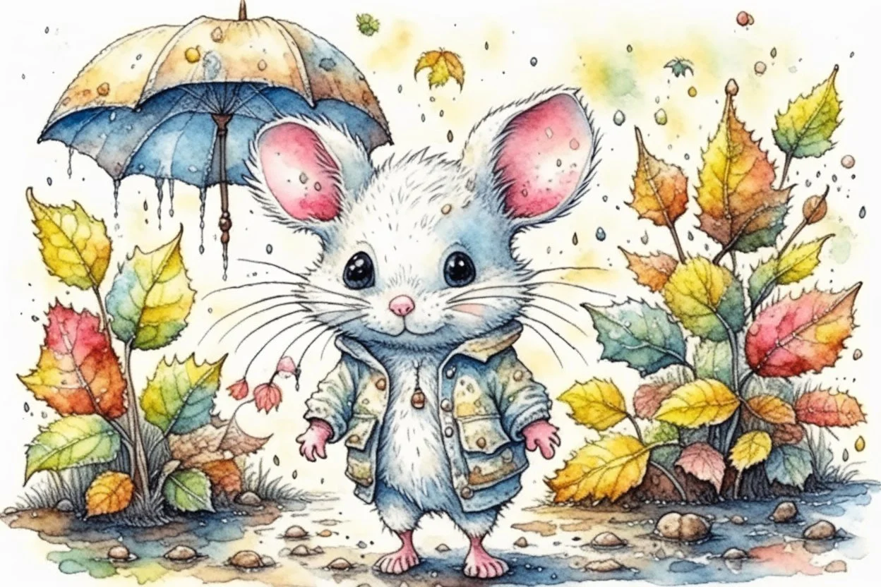 watercolor painting, Jean-Baptiste Monge style, Cute adorable baby white mouse in jeans clothes walking in the rain in Autumn, splash art