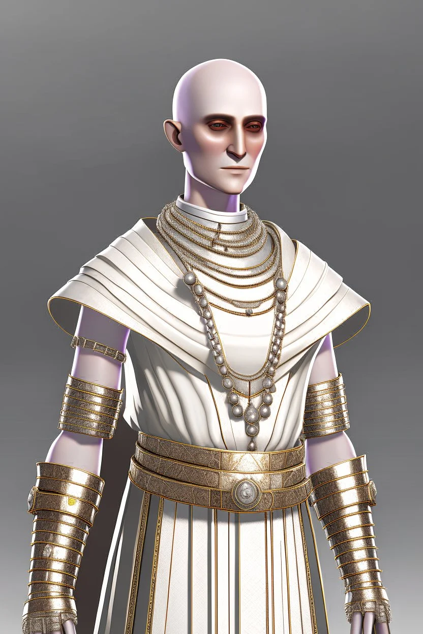 full length, gangly, 22-year old, shaved head, grey-eyed female human cleric with a beaded necklace wearing scale mail