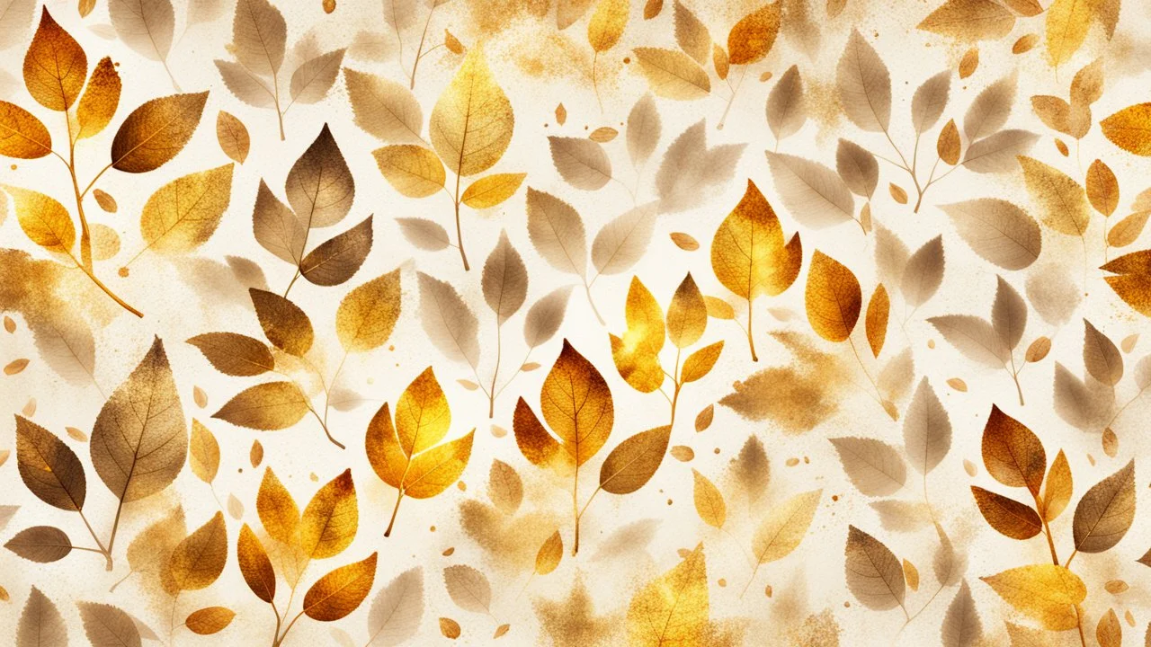 Hyper Realistic Beige-&-Yellow small-multicolor-Leaves With Glowing Golden Embers On Off-White Grunge Background.