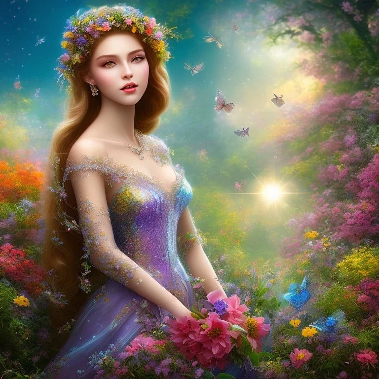 bright fairy, beautiful portrait, flowery landscape