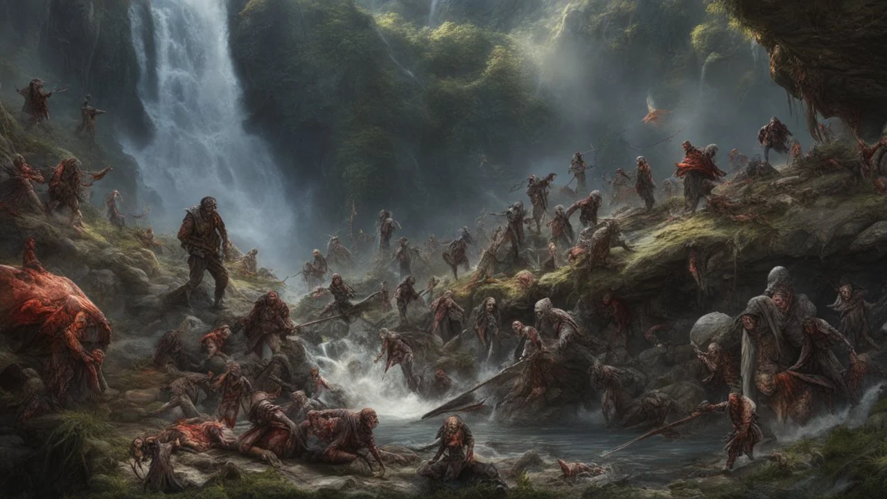 a pile of rotting zombies at the foot of a 3.000 feet high waterfall. fantasy setting, horror. exquisite realism, a masterpiece, fantasy concept art, dynamic lighting, hyperdetailed, intricately detailed, deep color, Unreal Engine, volumetric lighting, Epic cinematic brilliant stunning intricate meticulously detailed dramatic atmospheric maximalist digital matte painting