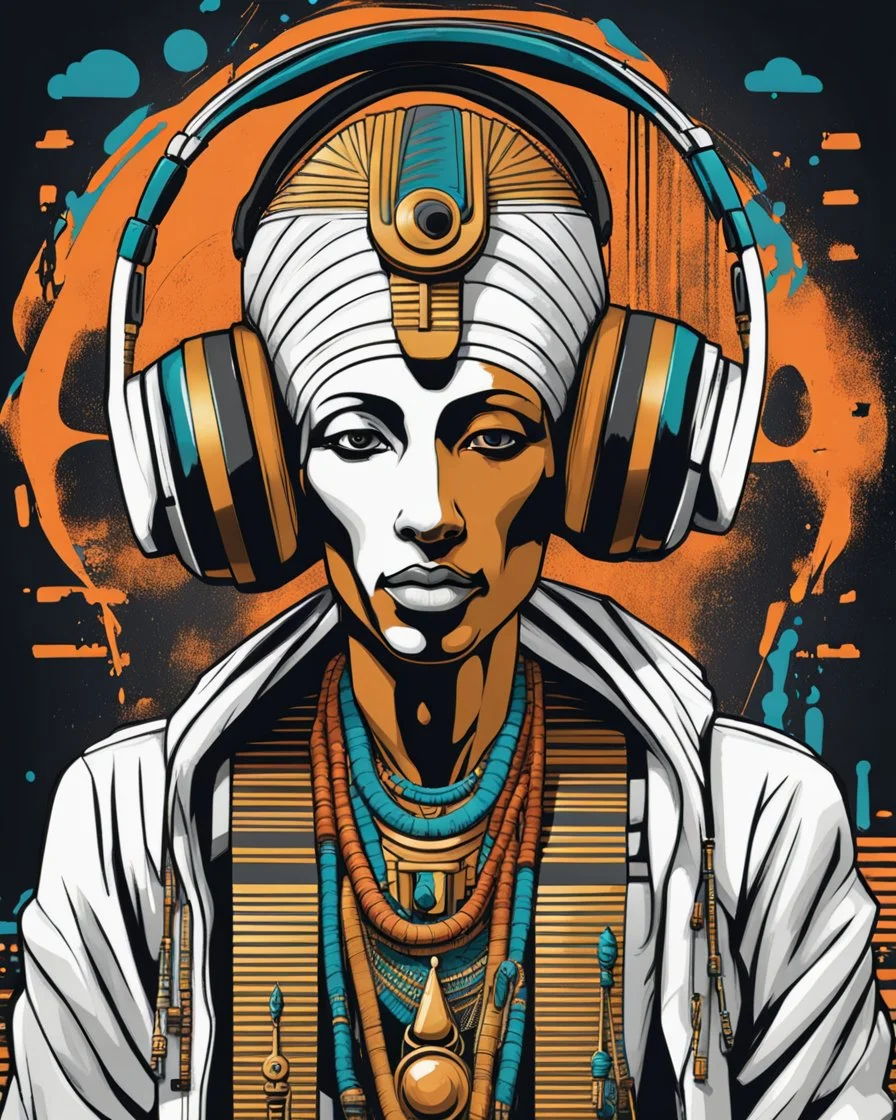 Illustrative sketch of Pharaoh Akhenaten in music with headphones, contrasting colors, full body, ultra quality, hyper detailed, graffiti, concept art, maximalism, 8k