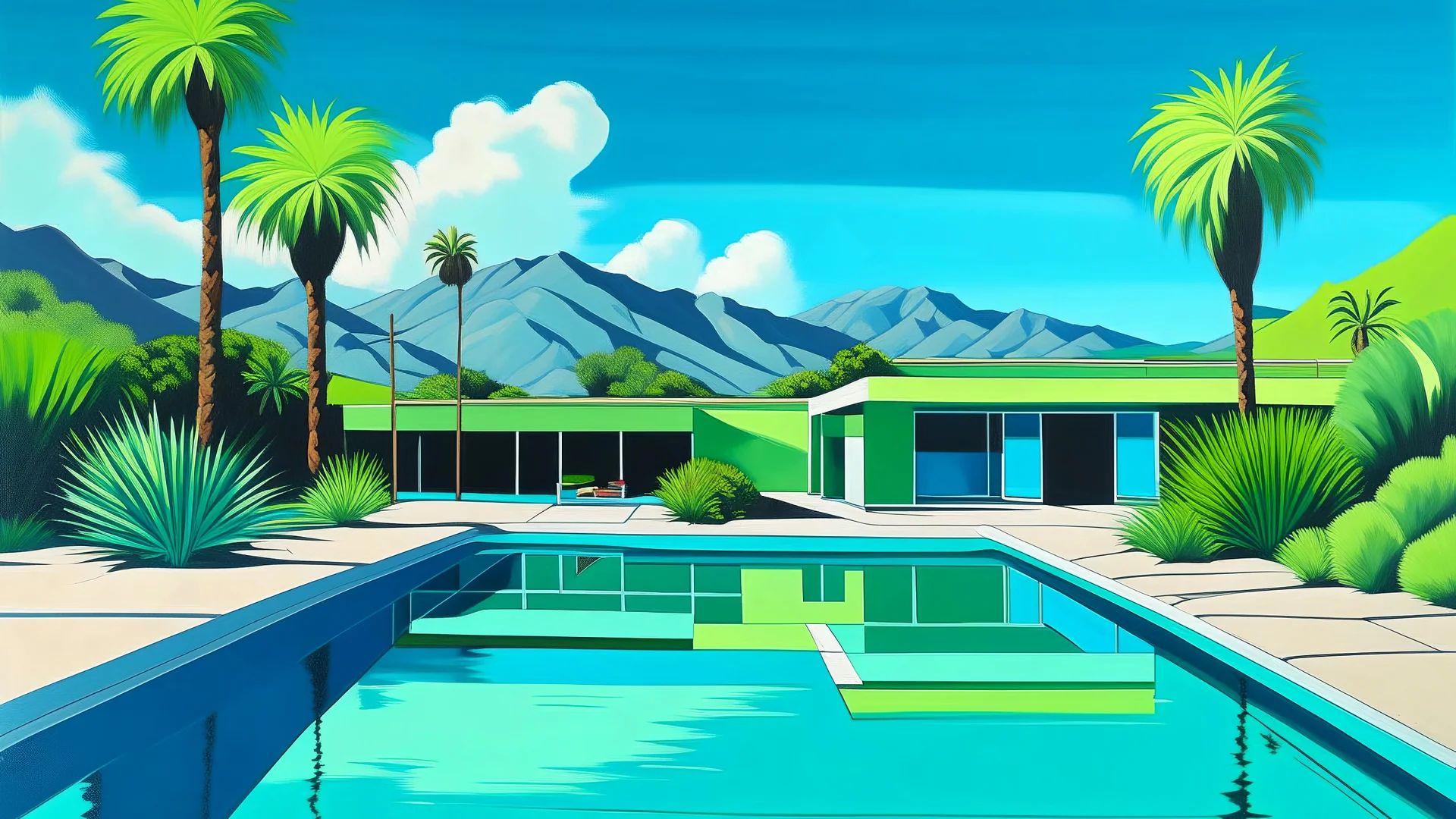 Painting of a mid-century modern house with a pool in the foreground, palm trees, mountains, and a blue sky with clouds in the background, oil on canvas. The house is a single-story structure with a flat roof and large windows. The pool is rectangular and filled with clear blue water. The palm trees are tall and slender, with green fronds. The mountains are brown and rocky. The sky is a clear blue with a few white clouds. The painting is done in a realistic style, with attention to detail. The c