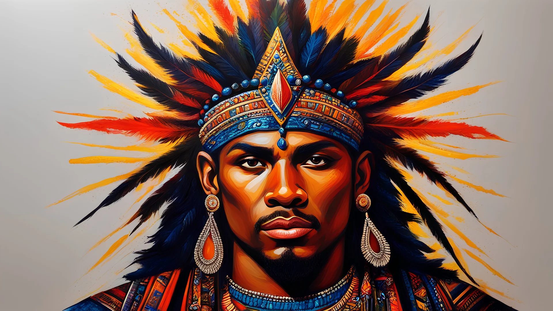 acrylic illustration, acrylic paint, oily sketch, Tribal Prince, illuminated with different gel lighting colors.