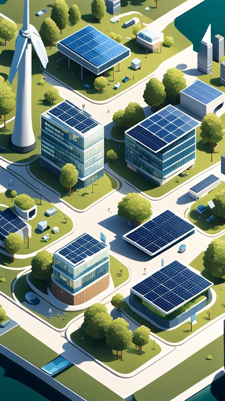 Create an isometric illustration of the city of Solglans, depicting it as a futuristic and sustainable urban environment. Show buildings with solar panels on their rooftops, innovative wind turbines scattered throughout the cityscape, and green spaces integrated seamlessly into the urban fabric. Emphasize the use of advanced technology, such as smart grids and wireless communication networks, to convey the city's commitment to innovation and sustainability.