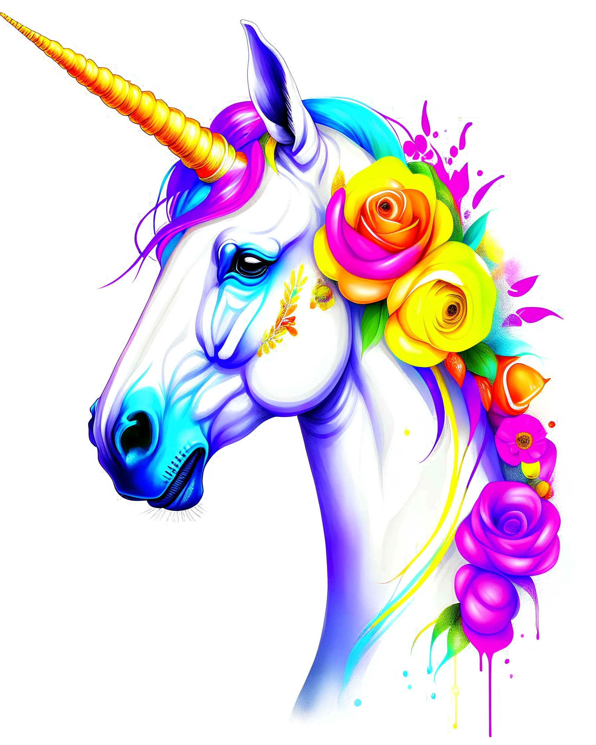 UNICORN MARE PORTRAIT CLORFULL ROSES WHITE BACKGROUND