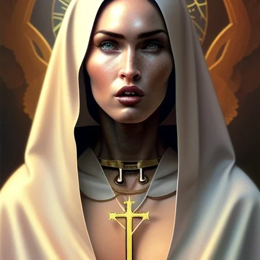 portrait of megan fox as a sultry nun, catholic, church, bible, christian, intricate, headshot, highly detailed, digital painting, artstation, concept art, sharp focus, cinematic lighting, illustration, art by artgerm and greg rutkowski, alphonse mucha, cgsociety