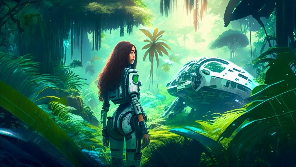 Wide-angle, woman with straight hair, dressed like a robot, with equipment in her hands, next to a crashed spaceship, in a clearing on an alien jungle world