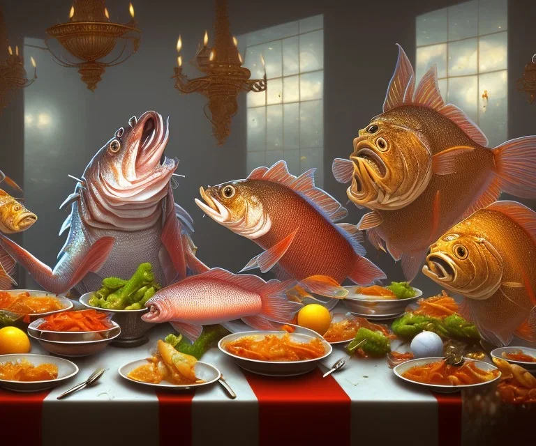 supper, fish sit at the table and eat pieces of people.