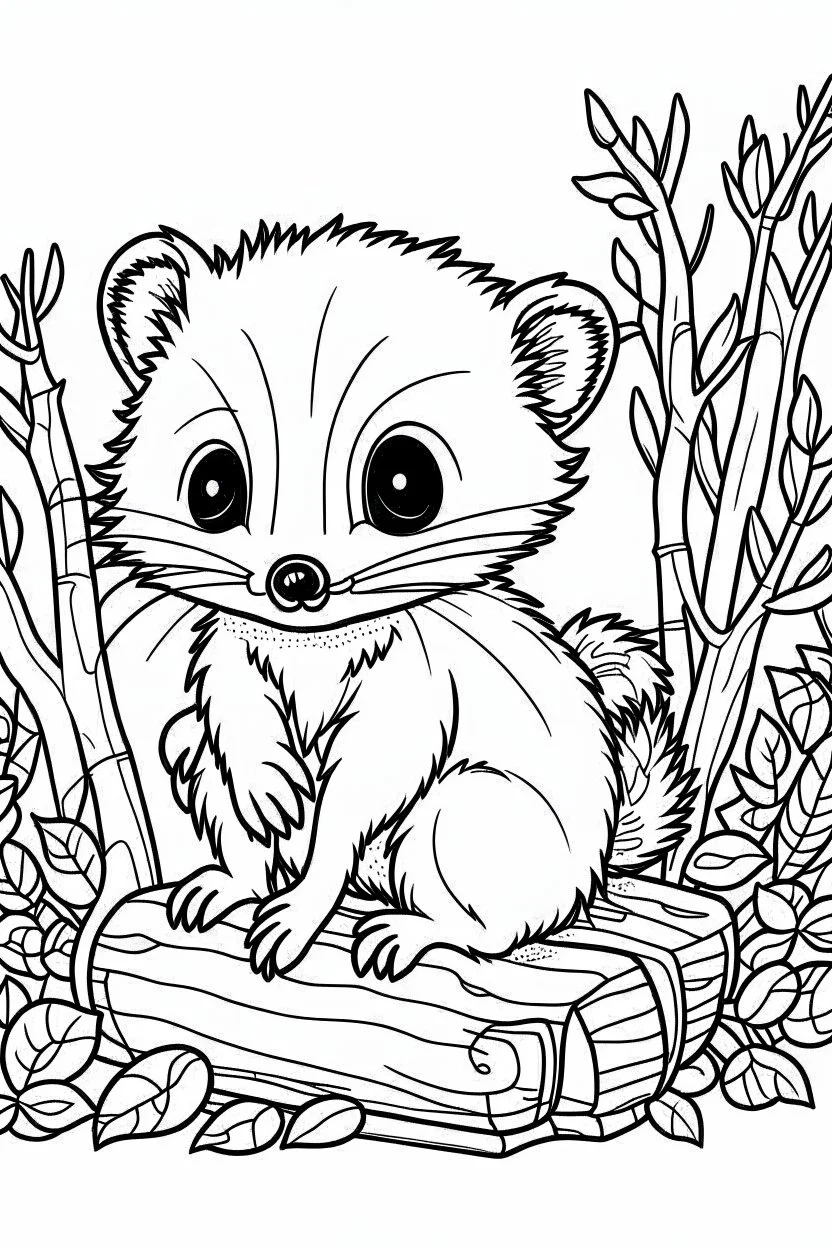 cute coloring page, sketch style, cute baby ferret in the wood, cute cartoon, white and black, withe background, no shadows, outline.