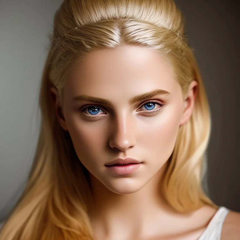 Photorealistic headshot of a beautiful blonde warrior