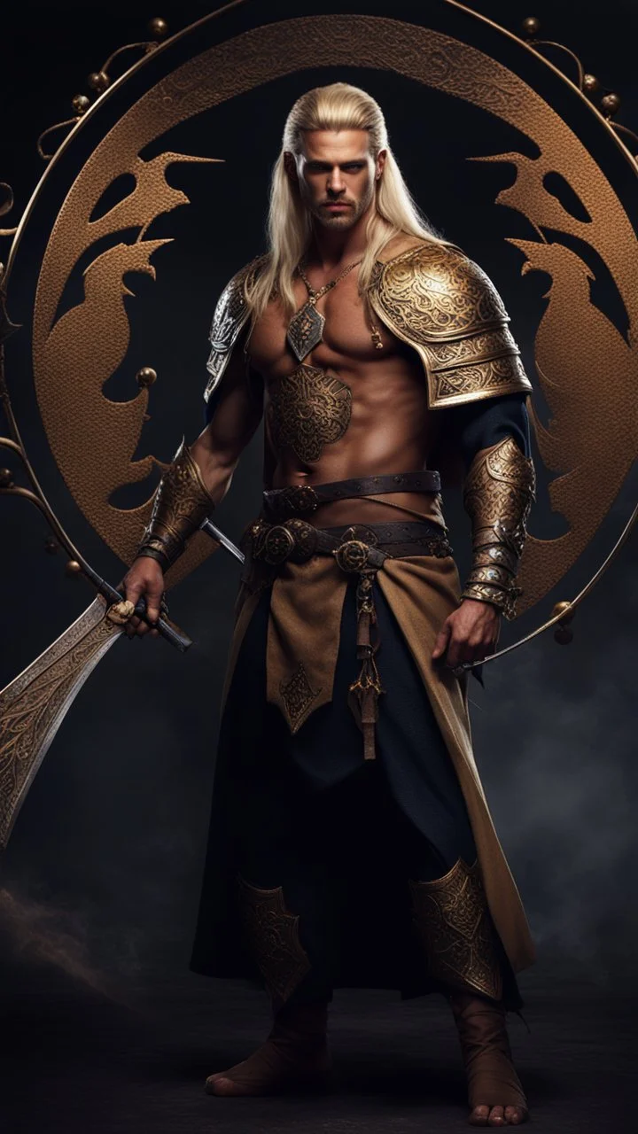 handsome warrior king, long blonde hair, male age 30, modern clothes, tan skin, tattoos, jewels,photorealistic 4k dark fantasy