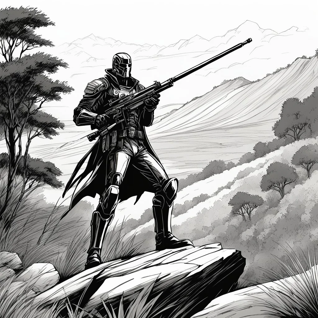 A Terminator as a sniper on a hill in the bush, his long rifle on a rock, ready to fire. Record of Lodoss War style, Linework: Expressive, expressive black ink line art with variable stroke weights. Crisp contours define silhouettes while fine hatching adds subtle depth and form.