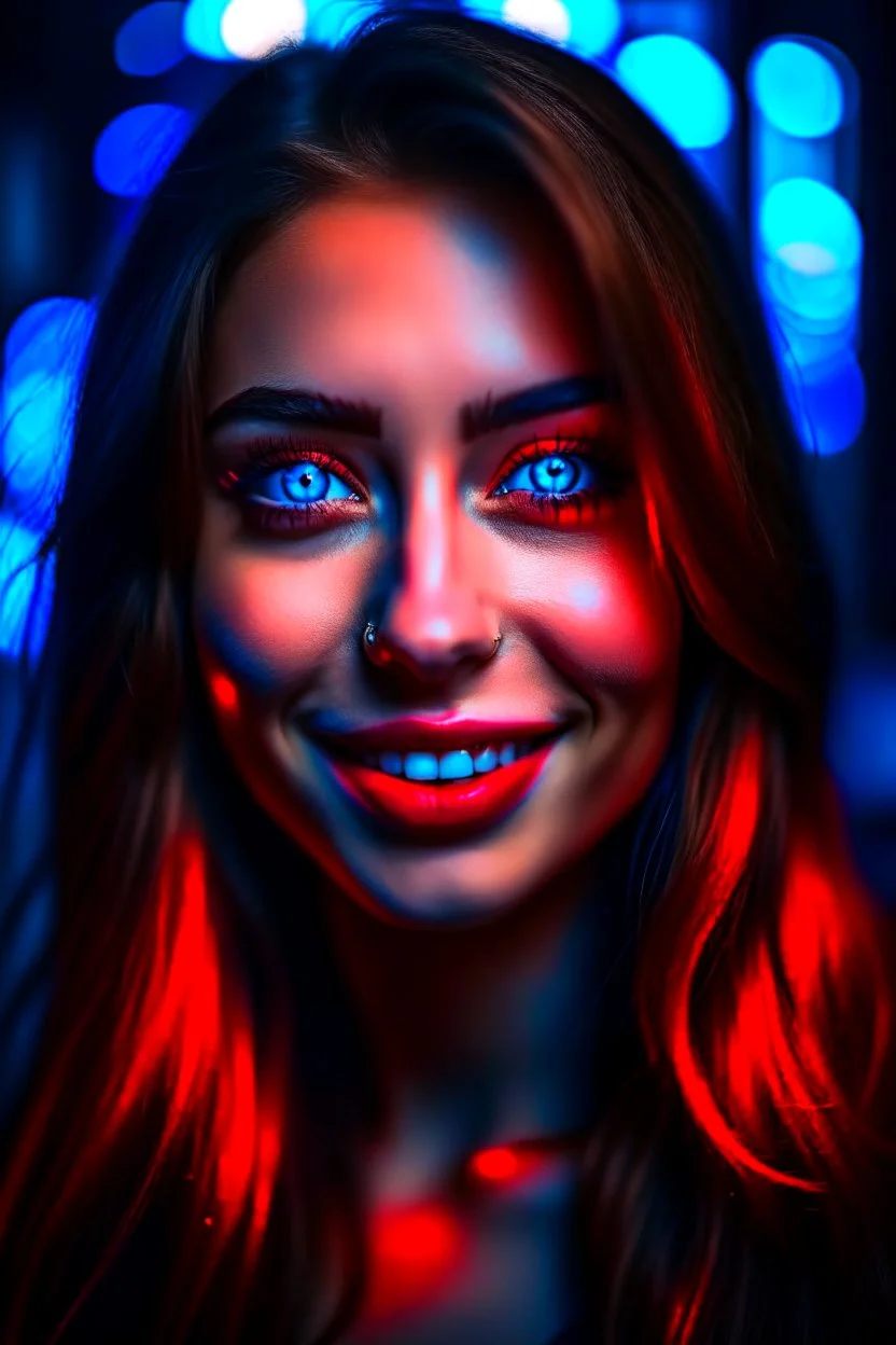 super pretty woman face, nice blue eyes, ping long haired, red lips, smile, intense look, close up face, darkness background.