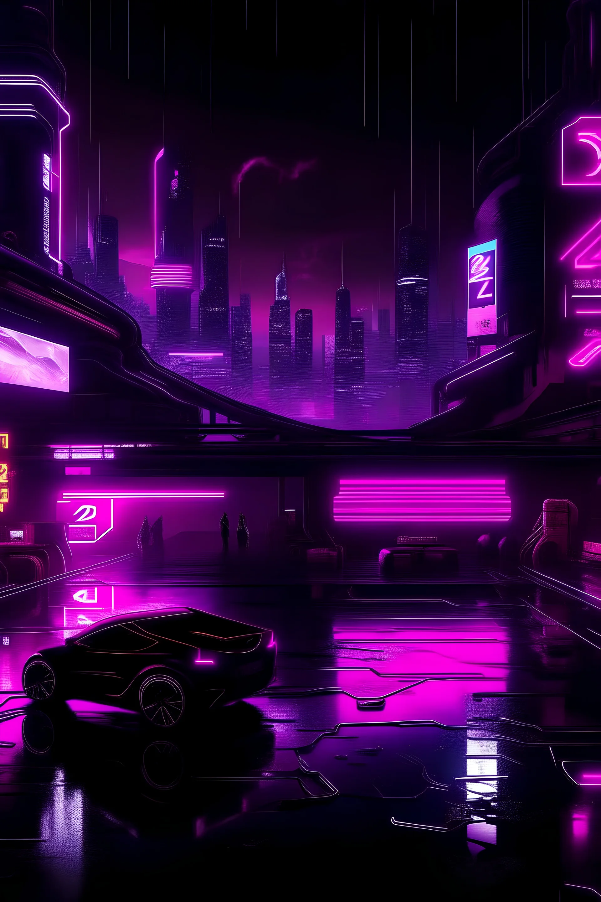 pos-apocalyptic cyberpunk city, a plubicity showing the number "2222", illuminated purple neon, dark, high contrast