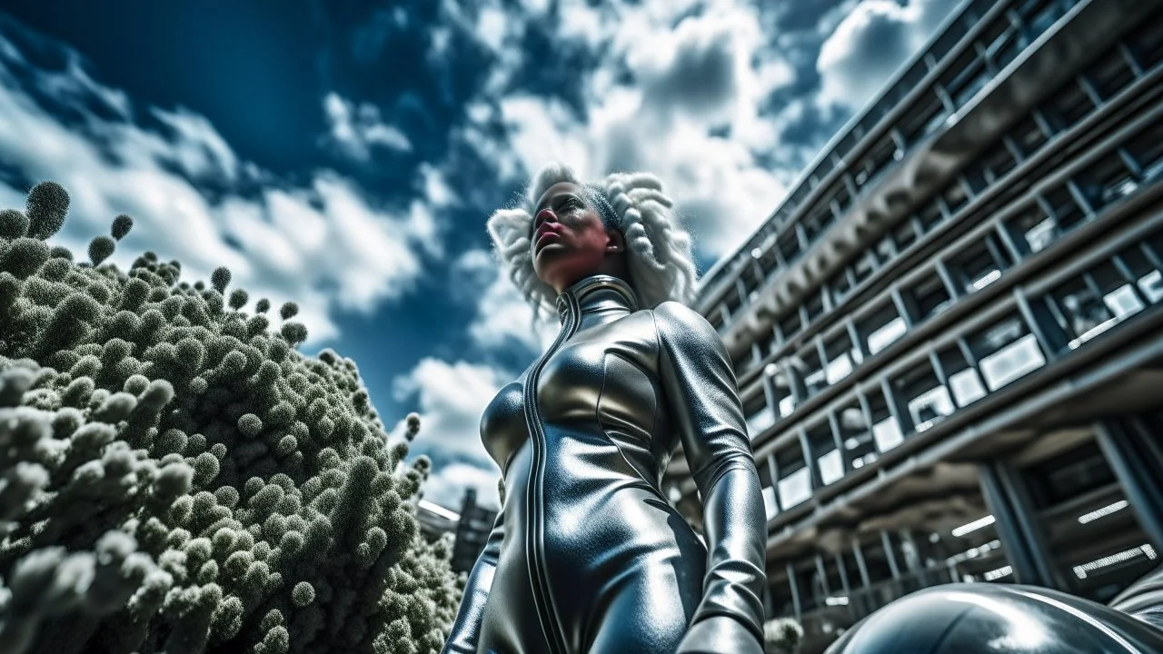 three-quarter-worms-eye view of a woman in a silver robotic catsuit standing in a futuristic derelict city with mushrooms with tentacles, floating in the sky