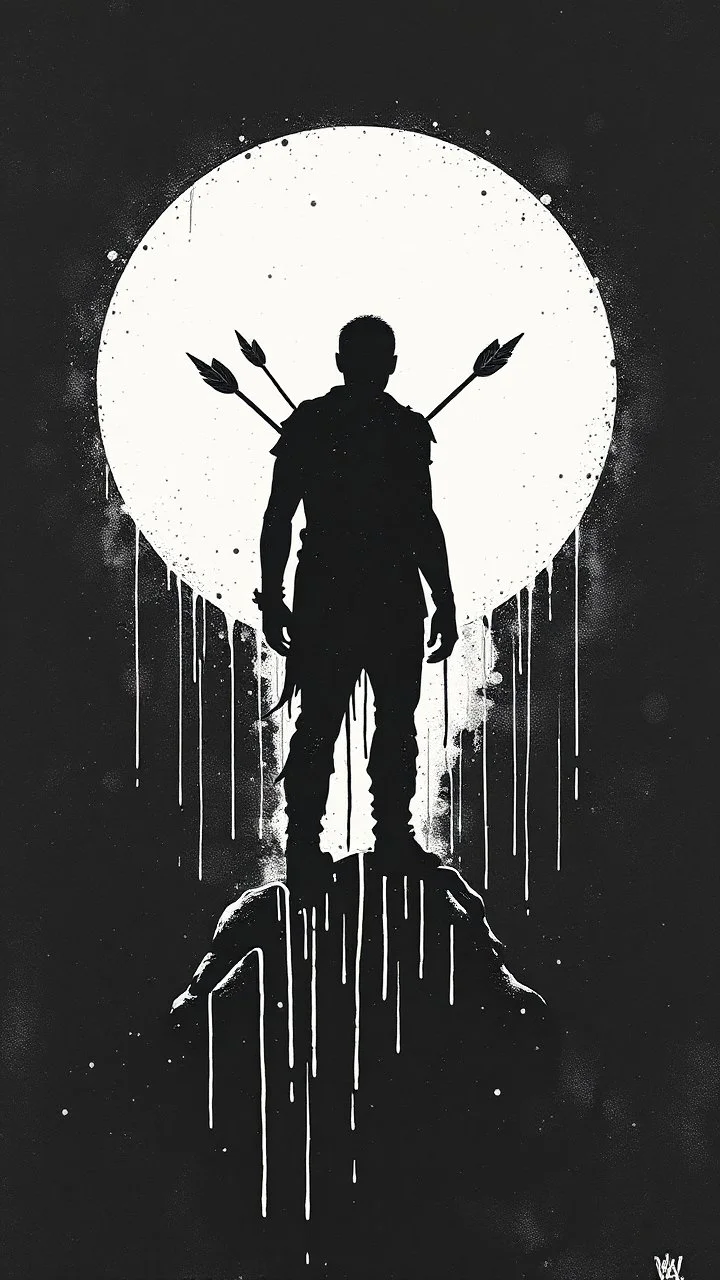 When The Darkness Comes in ink dripping art style , arrows in the back of your he figure