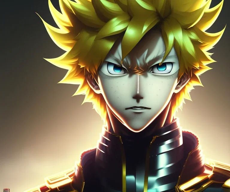 Detailed anime portrait of bakugo from my hero academia, gold hair and golden eyes, black suit, intricate details, full body portrait, keep head in frame, slight smile, black Japanese motif, concept art, highly detailed, digital painting, concept art, sharp focus, illustration, art by Yoji Shinkawa, WLOP and greg rutkowski and alphonse mucha and artgerm and yanjun Chen and Junji ito and Makoto Shinkai, HDR, octane render