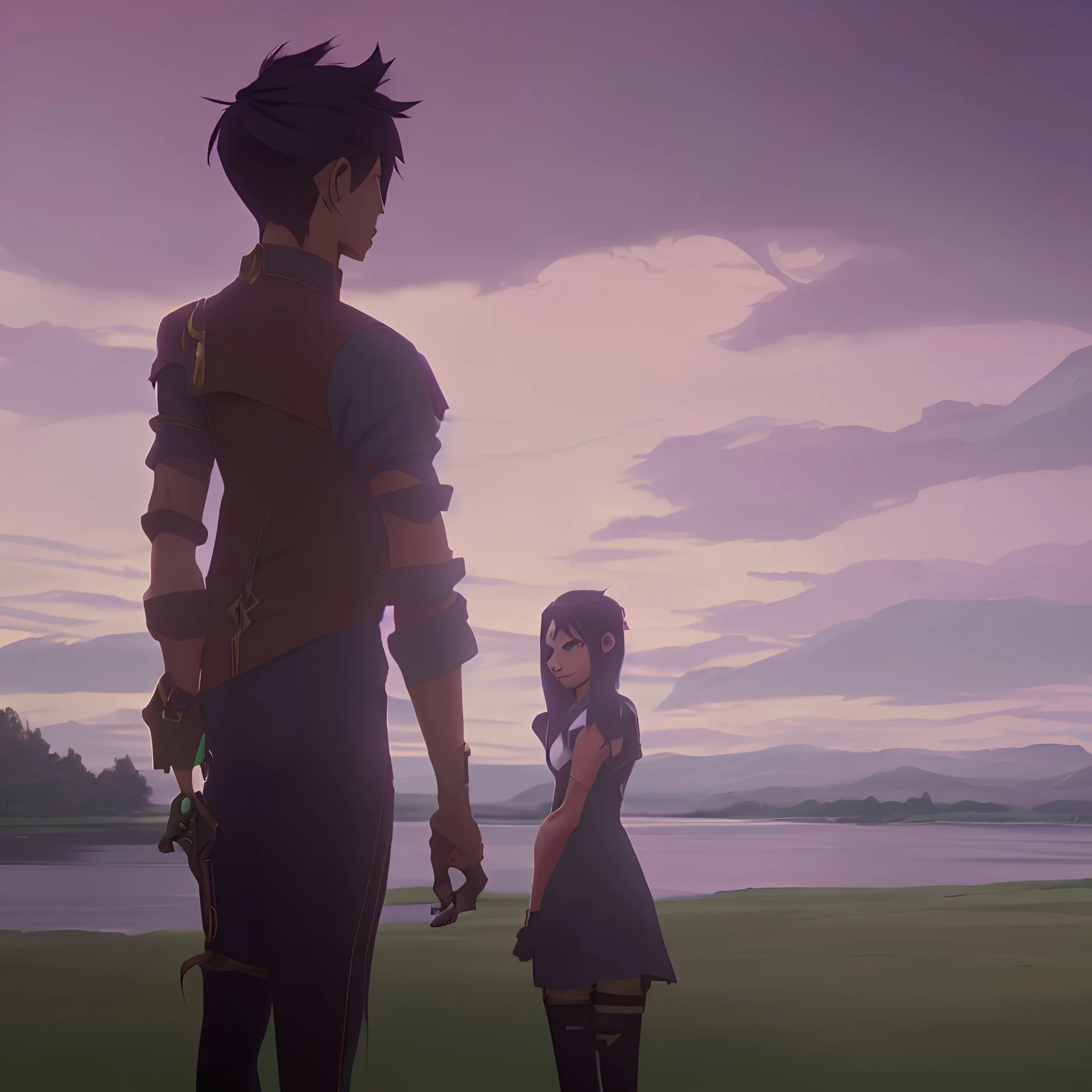 In the anime, a young male character with a young female character is near the green lake in the sunset afternoon.