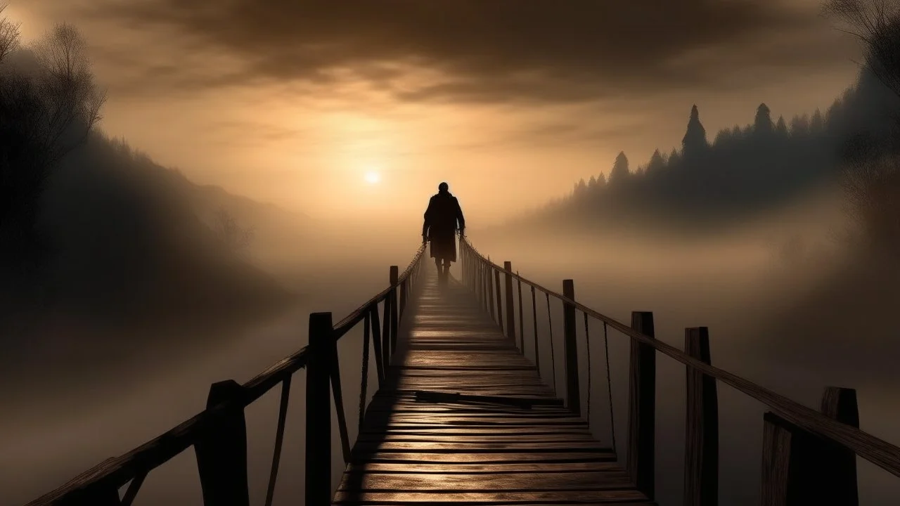 walking straight ahead over a wooden bridge, holding the angel of death with your right hand, entering the fog at the end of the road that leads to the afterlife, a stream from the mountains flows from the right and left, and a beautiful sunset behind the fog, realistic