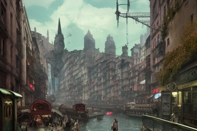 Corner Elevated Train run raid Train Canal River and corner shop greengrocer in colorful Italian street+Gothic city+BioShock+Dishonored+Bloodborne +trieste+Edinburgh+Chicago+victorian London+decòpunk Skyscraper+ +steampunk+biopunk+alphonse mucha, greg rutkowski,matte painting, cryengine, hyper detailed, felix kelly, fantasy art, seb mckinnon