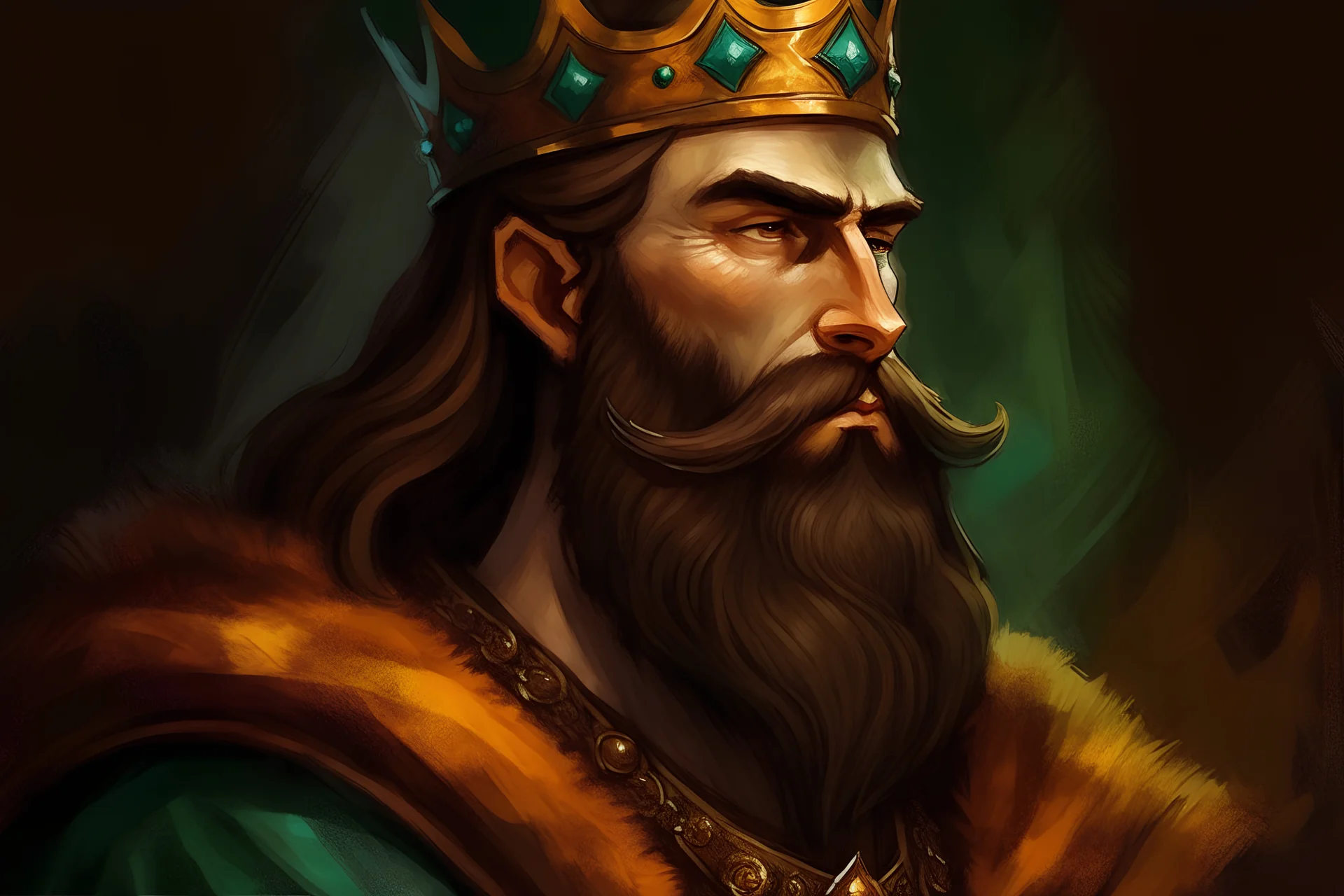 Painting of serious brown beard fantasy king with his kingdom