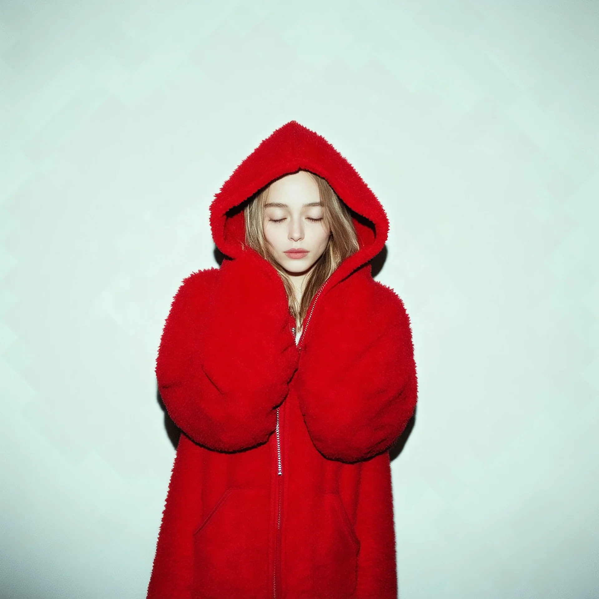 Lily rosedepp,avec un long pull a capuche en angora rouge jusquaux, polaroid, elle a les yeux fermés