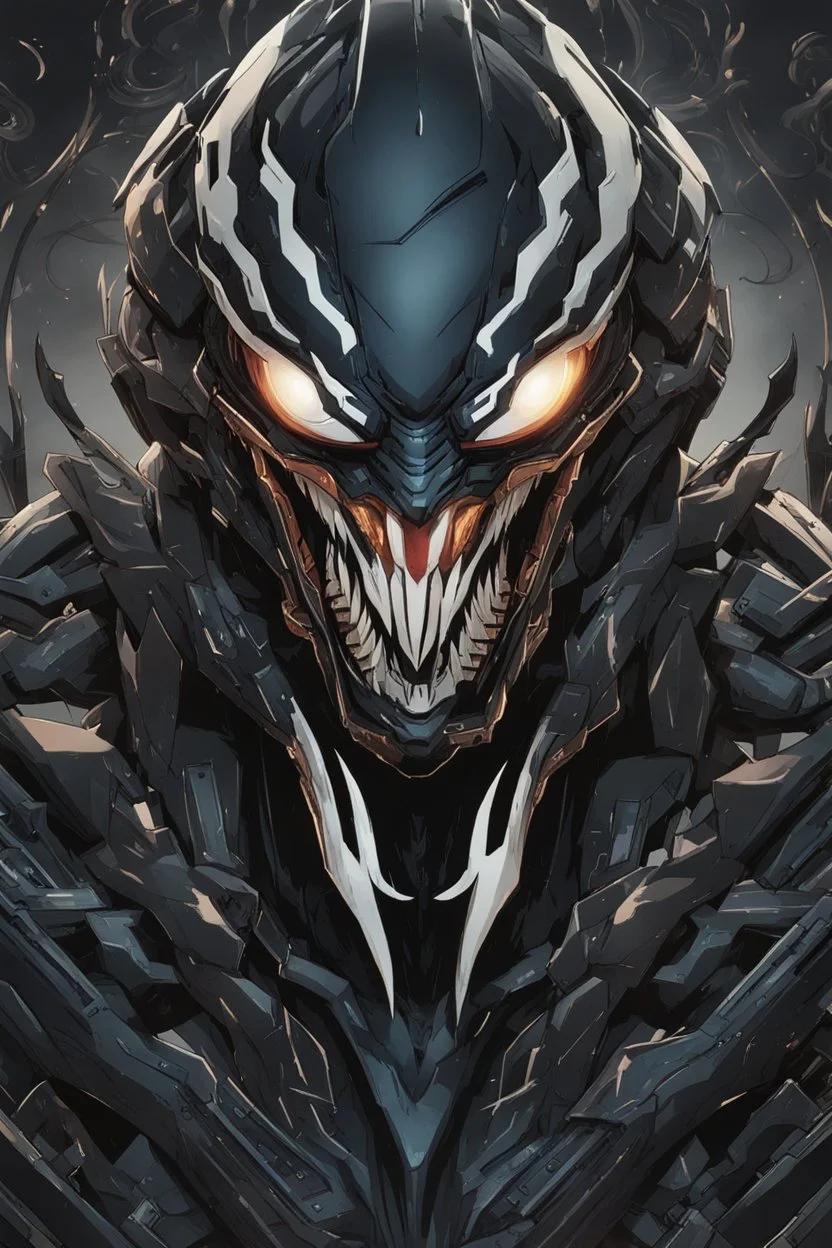 Venom mix with machine in solo leveling shadow artstyle, cyberpunk them, intricate details, highly detailed, high details, detailed portrait, masterpiece,ultra detailed,best quality