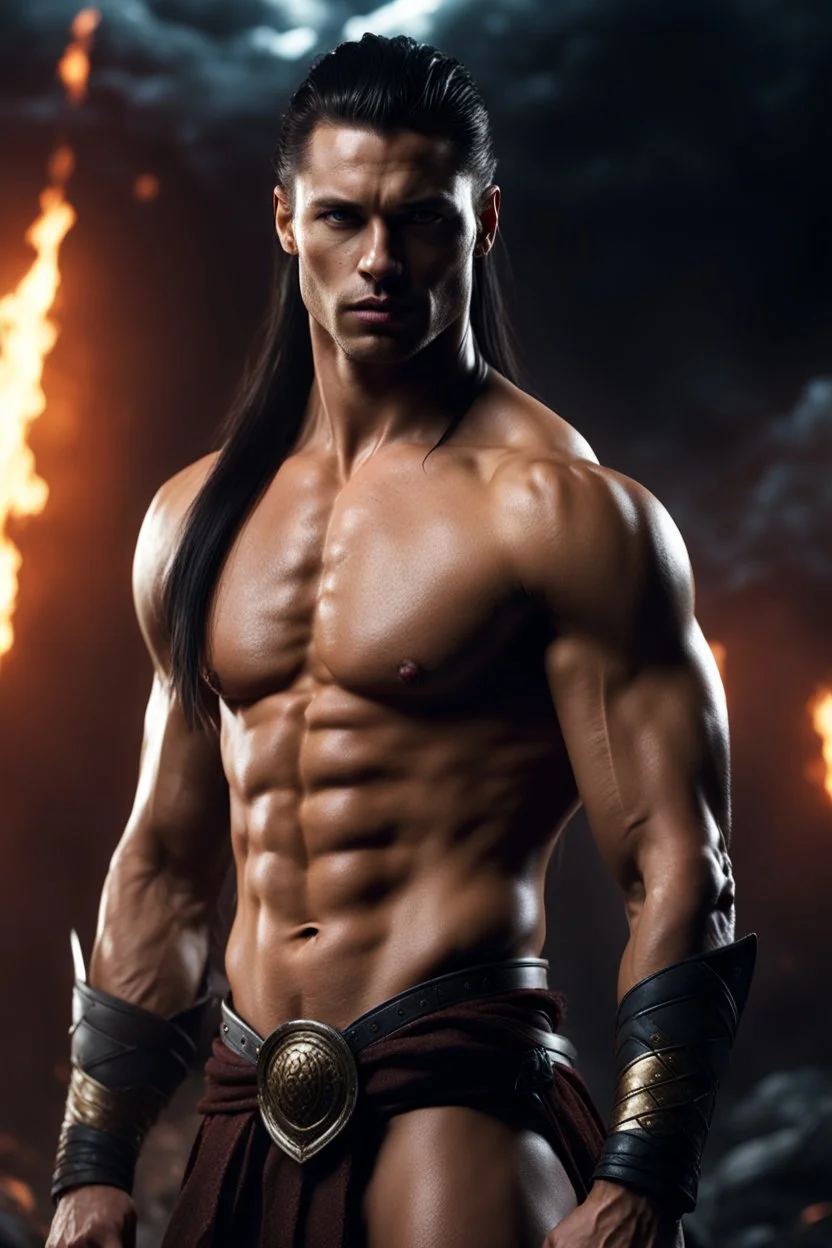 Shirtless Handsome alpha warrior with long dark hair pulled back in a pony tail. photorealistic. 4k. Dark Fantasy