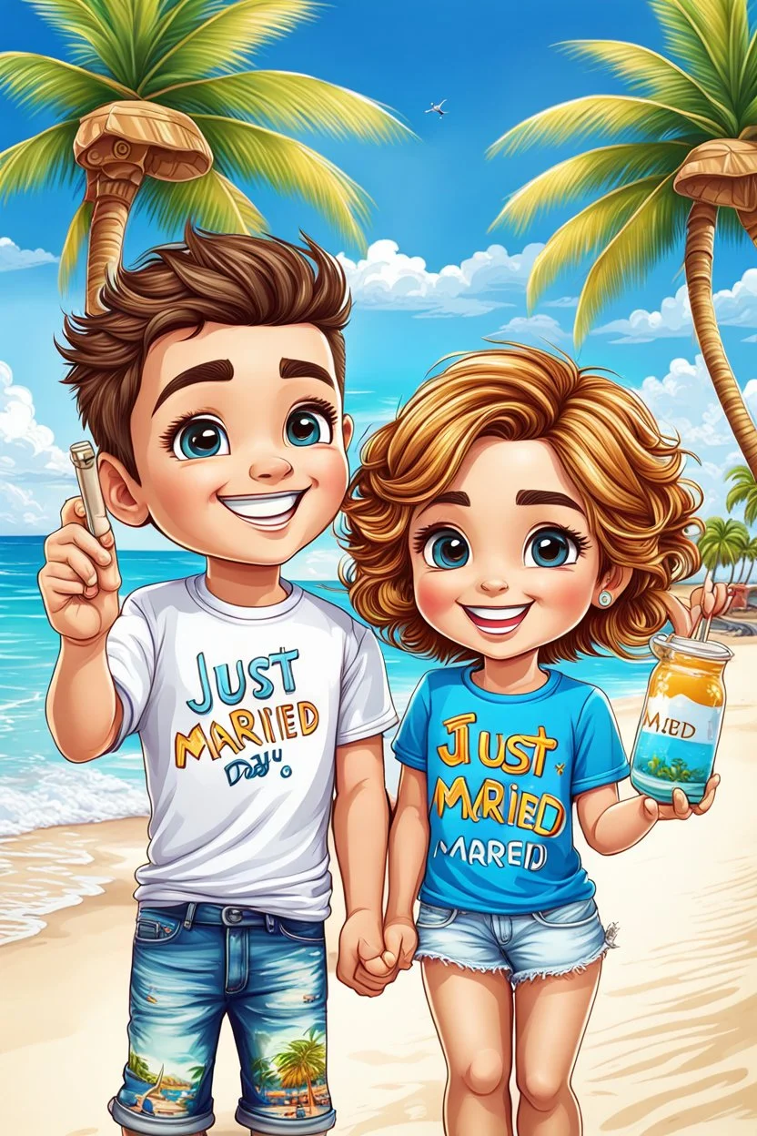 close up a cute chibi young couple in compatible, identical t-shirts that read text:"Just Married!" in colorful letters. funny couple taking a selfie on a beautiful beach, blue sky, white sand, in the distance a Mediterranean bar , next to a palm tree, happy day, detailed, high quality, hyperrealistic, masterpiece intricate details, HDR, beautifully shot, sharp focus, 64 megapixels, perfect composition