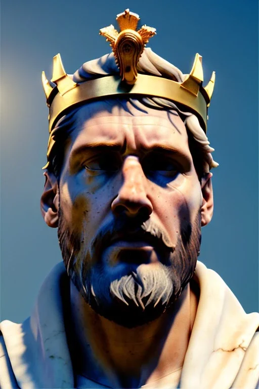 Ultra Realistic image, Roman sculpture, white marble material, Lionel Messi, gold crown of natural thorns, god crown, Renaissance style, sun rays background, waist up portrait, gold flecks, epic, celestial, cinematic lighting, God lights, 4k resolution, smooth details, soft lighting, unreal engine 5, art station, substance 3d.