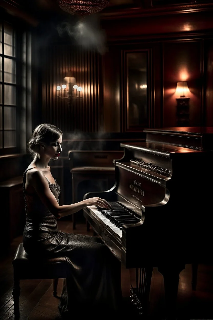 A woman playing a piano in a smoky bar from the 1930s. A nostalgic, moody atmosphere. The pianist is elegantly dressed. The lighting is dim and sultry, casting soft shadows across the room, highlighting the swirls of smoke and the reflective surface of the piano. The bar is adorned with Art Deco elements. The image is rich in texture and depth. The scene is captured as if through a Leica M3 camera for its timeless quality, with attention to the grain and tone of a high-speed film.