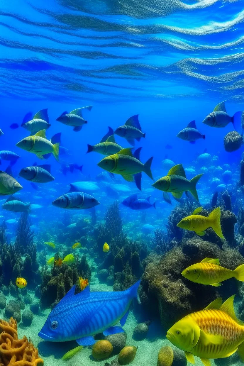 A blue sea filled with fish and underwater Hawaiian tikis