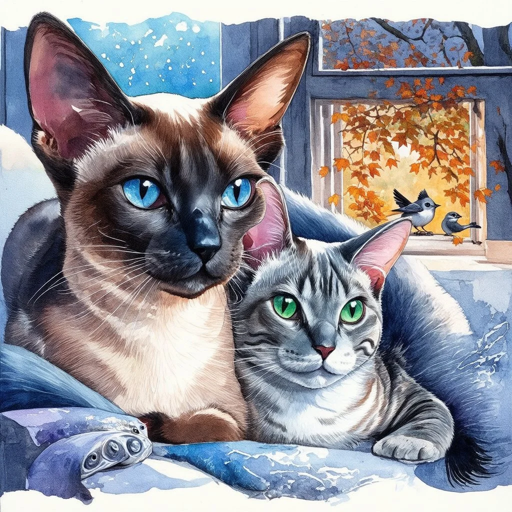 Surreal mixed-media combining wet watercolor, tempera paint, and fine line pen drawing of 2 cats. first one is a stunning, elegant, blue eyed, slender Siamese cat. Chocolate point. wedge shaped face, large ears. Sitting on a windowsill with a second cat a blue and white mackeral tabby Oriental Short hair with green eyes.Watching birds and squirrels in the trees, in the autumn. Colorful autumn leaves in the background.