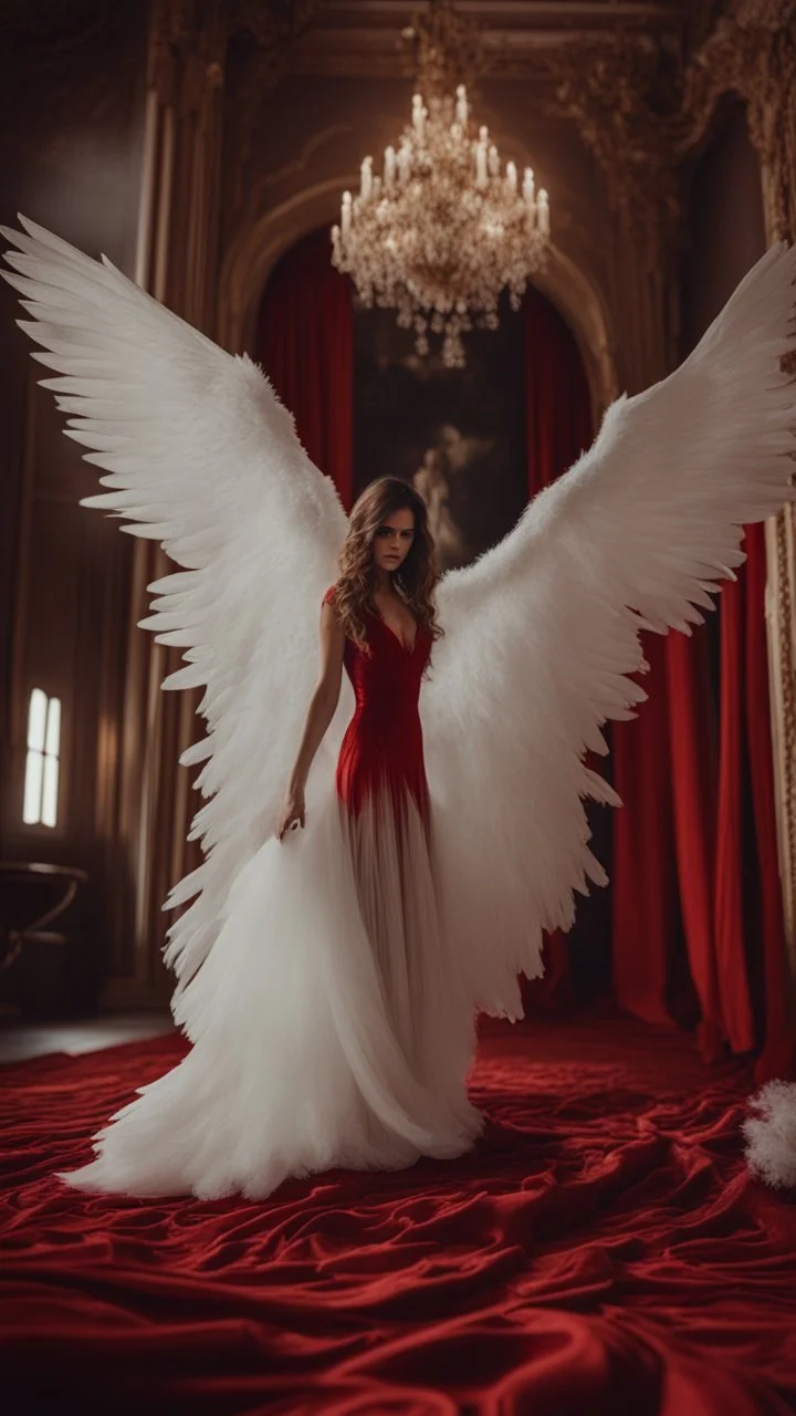 White wings, scissors, red dress on a luxurious velvet floor. Cinematic photo