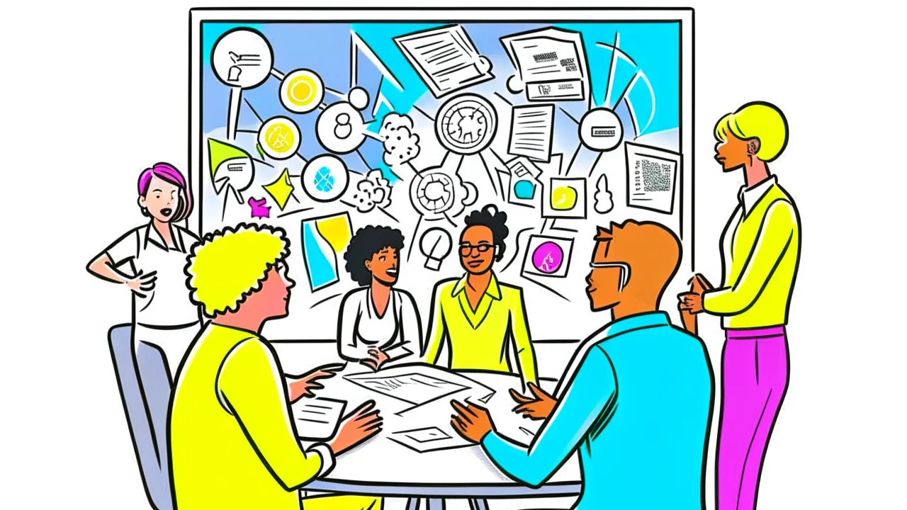 An image that conveys achieving success and skill development. The image depicts a group of individuals gathered in an inspiring teamwork session. They appear engaged in discussion and constructive exchange of ideas. In the background, a screen displays a chart or a conceptual map indicating various goals and pathways. Everyone appears enthusiastic and dedicated to collaborative work and continuous learning. The image reflects collaboration and a focus on achieving success through skill develop