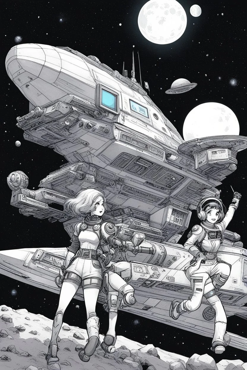 [art by Marcel Gottlieb, (aka Gotlib)] studygirl and fussel in space! fussel "SPACE, so wide ma eyes reachn´. are there any videogames on this ship?" mind the zombiedude, he´s taken from a chinese/hongkong comicbook called "robot caught the vampire at night", but the original is doper! can you find UATU?