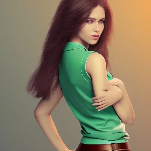 Woman with crook, back view, black trousers, green shirt, render background, brown hair