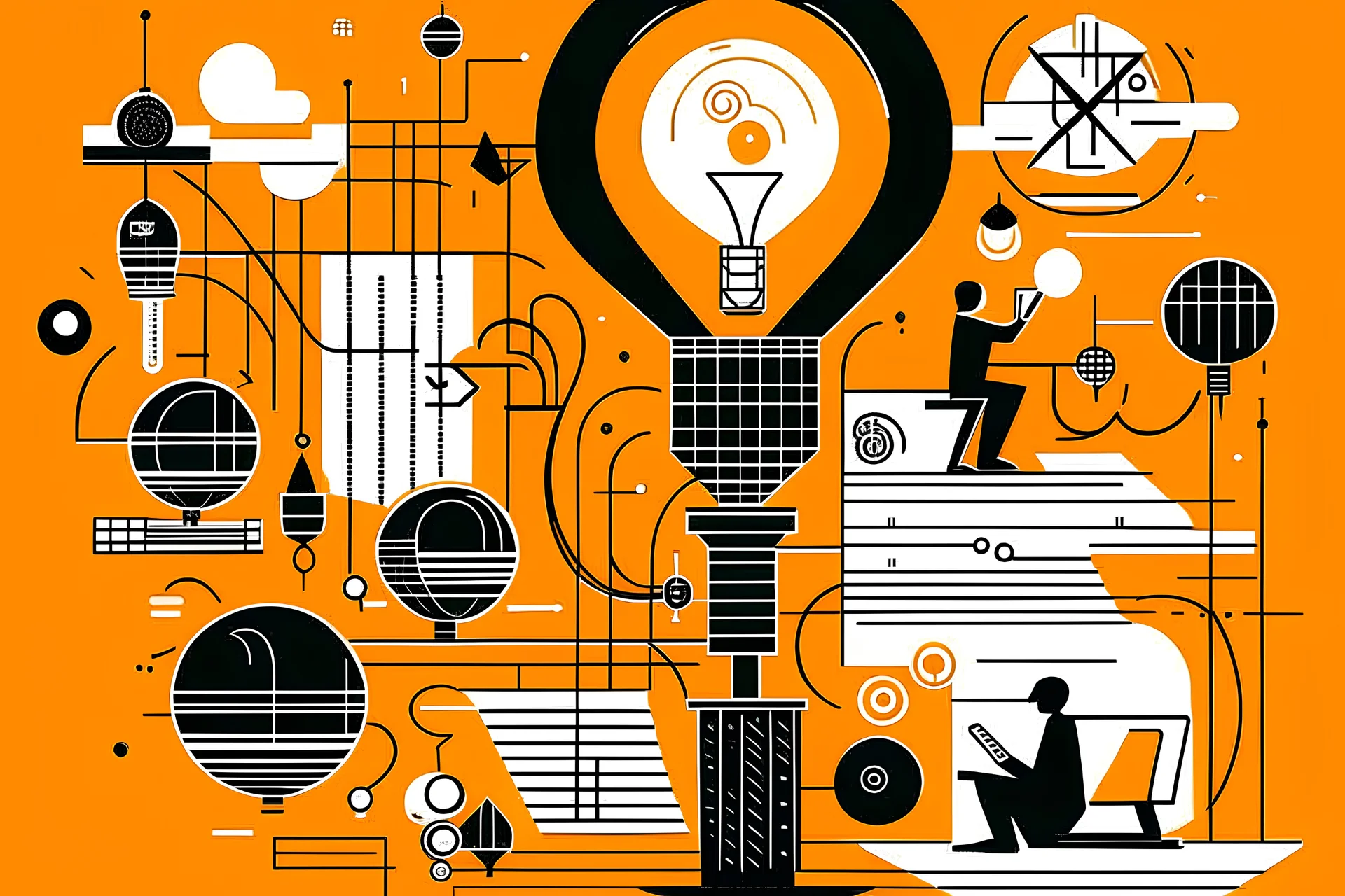 innovation - solarpunk theme illustration - orange elements, black, non productive employee, hour glass, downward trending chart, time, busy