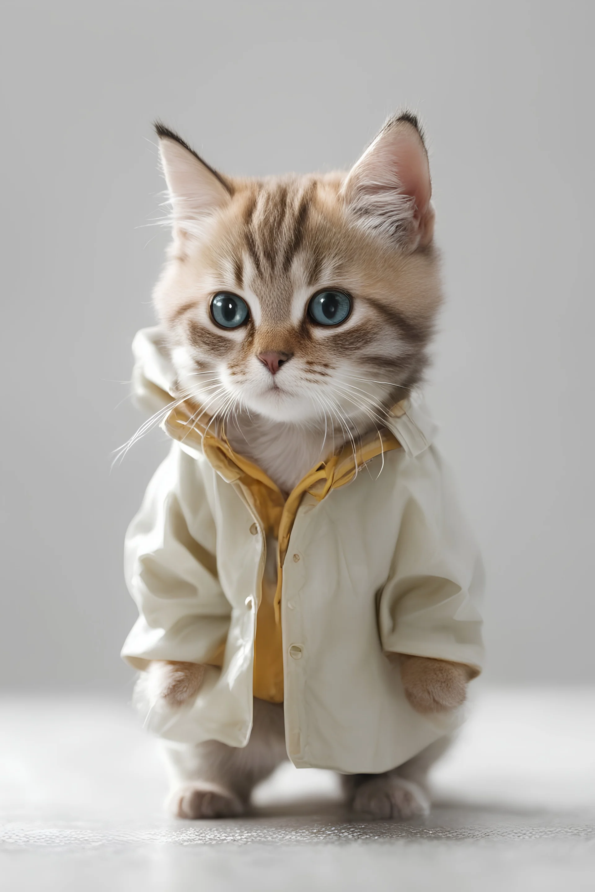 baby cat in raincoat. Chibi, Photograph, Canon DSLR, Tilt - shift, white background, high definition, Complete and coordinated composition, 8k