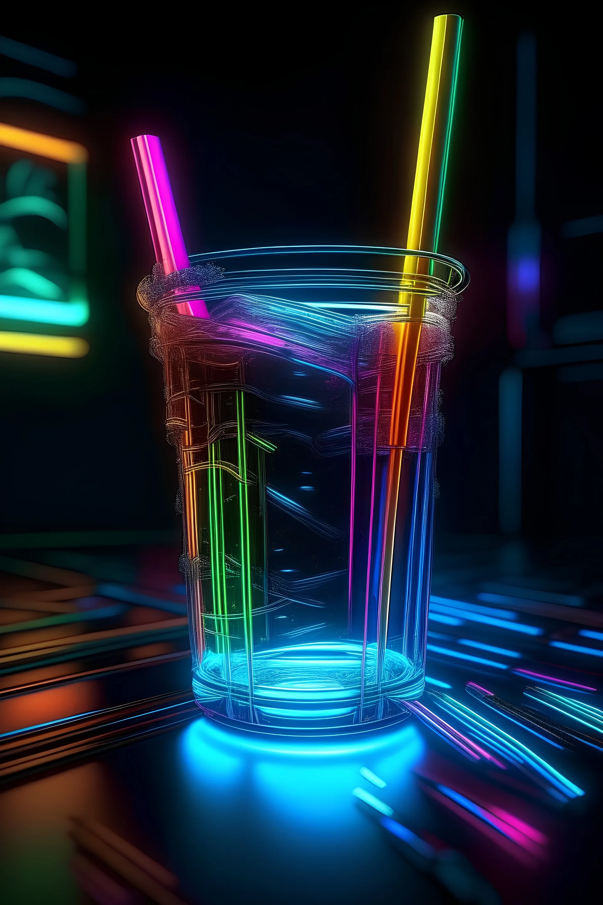 glass with bamboo straw, cyberpunk, steampunk , hyperrealistic 16k, 3d rendering, expressively detailed, dynamic light, neon lighting