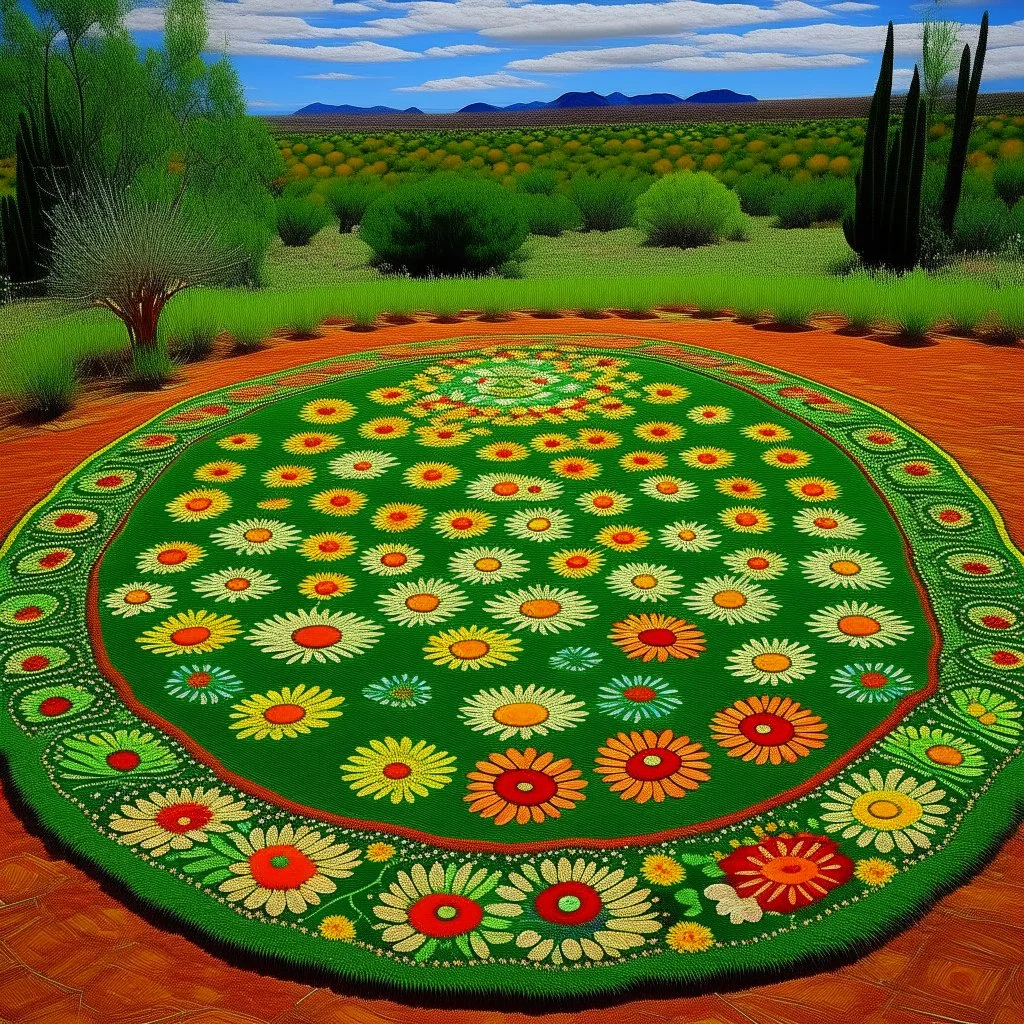 A green meadow with dancing big flowers designed in Navajo baskets painted by Karl Wiener