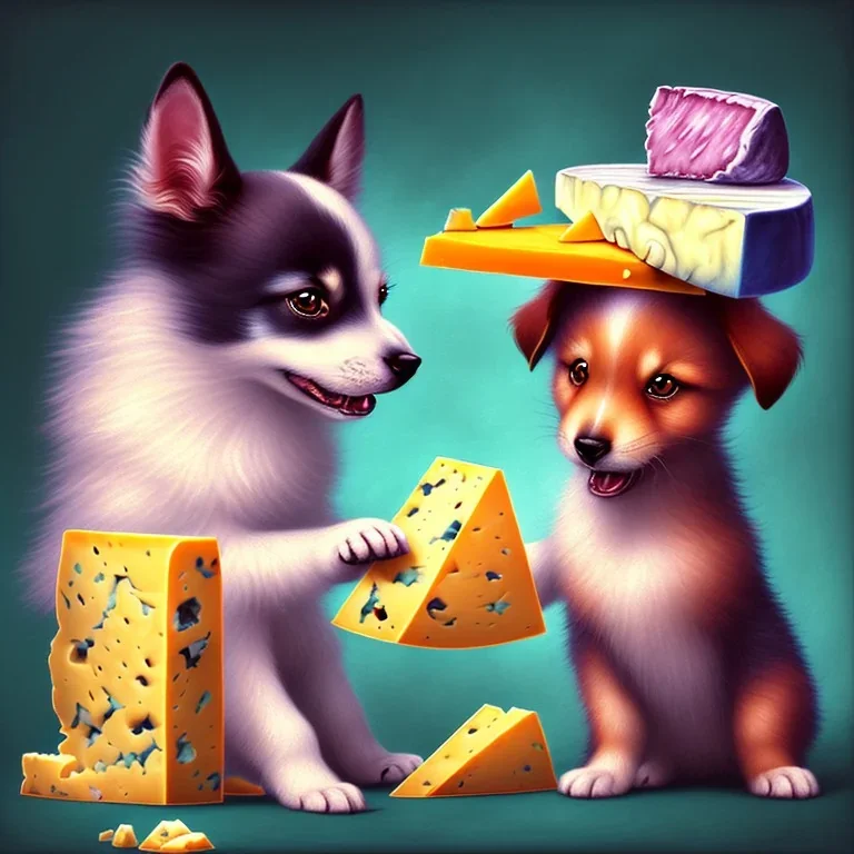 cute puppy eating cheese, art deco, romanticism, watercolor, visual novel, cheerful, furry, sleepy, rembrandt lighting, colorful lighting, blue, teal, aqua, red, purple, yellow, black, detailed, masterpiece